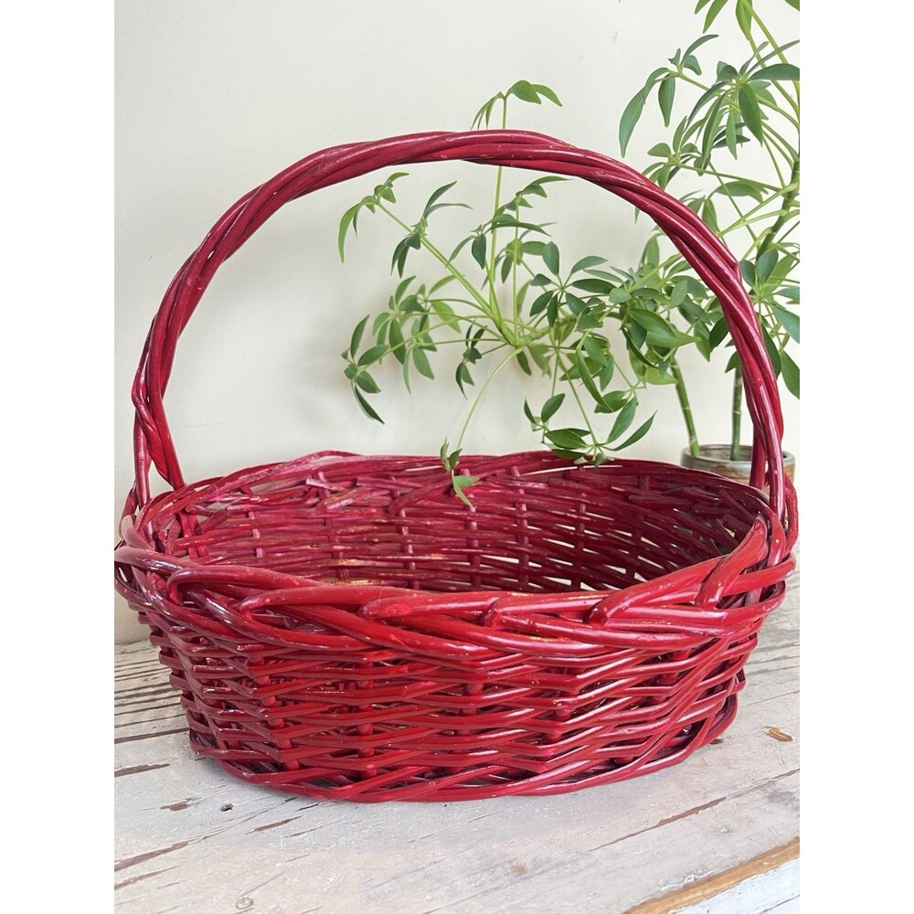 Vintage Rustic Barn Red Woven Oval Wicker Basket Arched Handle Primitive Country
